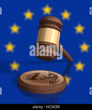 Martello di fronte le stelle dell'UE, 1 euro moneta sul blocco Foto Stock