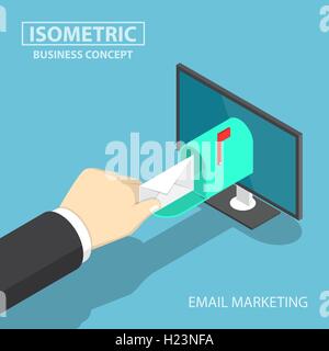 Imprenditore isometrica mano come ottenere il recapito dei messaggi di posta provenienti dal monitor, email marketing il concetto di business Illustrazione Vettoriale