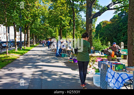 Monaco di Baviera, Germania. 24Sep, 2016. Prenota il mercato delle pulci con bellissimo tempo caldo presso il fiume Isar passeggiata nel centro di Monaco di Baviera: libri usati per leggere, sfogliare e comprare sotto gli alberi con un RIVE-GAUCHE-come affascinante sensazione Credito: Luisa Fumi/Alamy Live News Foto Stock