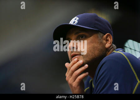 San Pietroburgo, Florida, Stati Uniti d'America. 24Sep, 2016. Sarà VRAGOVIC | Orari.Tampa Bay Rays manager Kevin contanti (16) in piroga durante la partita tra Boston Red Sox e Tampa Bay Rays in campo Tropicana il Sabato, Settembre 24, 2016. © sarà Vragovic/Tampa Bay volte/ZUMA filo/Alamy Live News Foto Stock