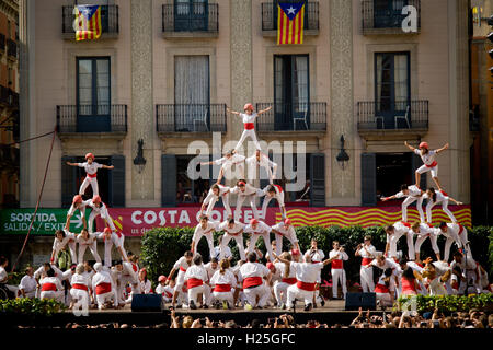 Barcellona, in Catalogna, Spagna. 25 Settembre, 2016. I membri di La Colla dels Falcons de Barcelona costruire tradizionali piramidi acrobatiche in occasione di la Merce Festival. Credito: Jordi Boixareu/Alamy Live News Foto Stock