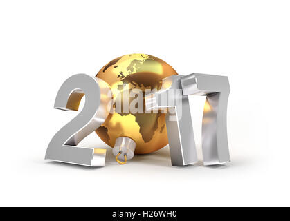 Nuovo anno 2017 Tipo con il pianeta terra in oro una palla di Natale - 3D illustrazione Foto Stock