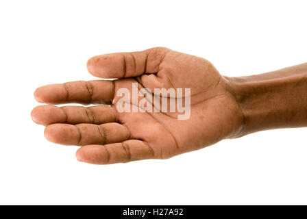 African la mano tesa in segno di amicizia o che potrebbe essere di accattonaggio o per chiedere aiuto. Foto Stock