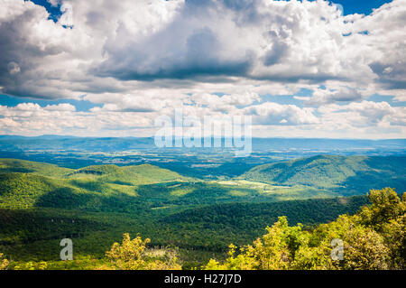 Vista della valle di Shenandoah e monti Appalachi da Mill Mountain Trail vicino al Grande Schloss in George Washington compit Foto Stock