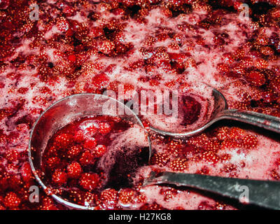 La ebollizione wild confettura di fragole con un cucchiaio e un cucchiaio Foto Stock