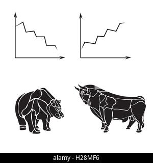 Il mercato azionario, vettore di business logo design modello. denaro, bancari o di bull e bear icona illustrazione piatta Illustrazione Vettoriale