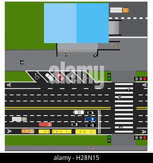 Trama road, autostrada, street, con il negozio. Con diverse vetture. Traversata e distintivi di parcheggio. Vista superiore dell'autostrada. illustrazione Illustrazione Vettoriale