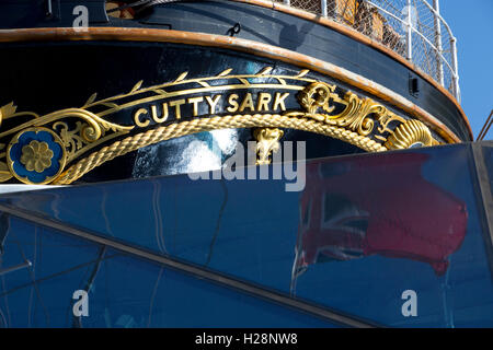 Cutty Sark, leggendario British clipper ship, Greenwich Pier, sud-est di Londra, England, Regno Unito Foto Stock