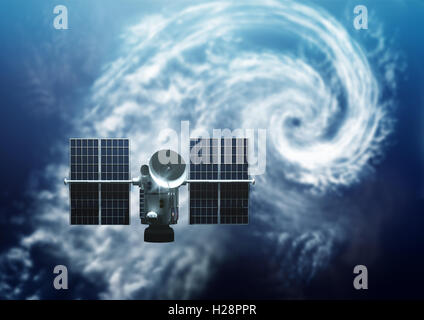 Meteo satellite in orbita attorno alla terra. Al di sotto di una tempesta tropicale uragano è formare - 3D'illustrazione. Foto Stock