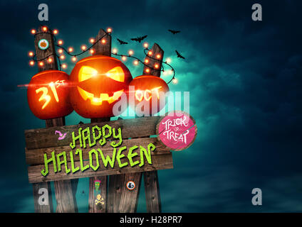 Happy Halloween sign poster decorate con zucche e luci fairy! Illustrazione. Foto Stock