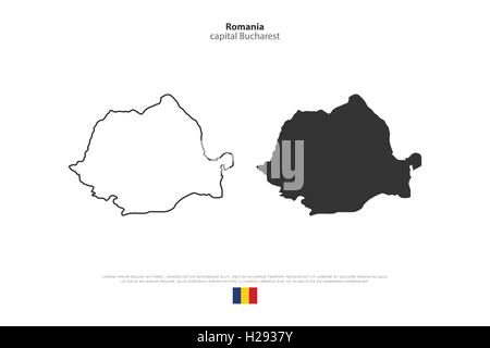 La Romania mappe e bandiera ufficiale icone su sfondo bianco. vettore politico rumeno mappa di contorno. Stato europeo divieto geografico Illustrazione Vettoriale