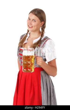 Bella donna Oktoberfest azienda boccale di birra isolato su sfondo bianco Foto Stock