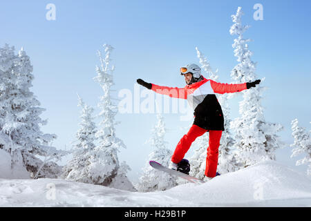 Gli appassionati di snowboard in posa sul cielo blu sullo sfondo di montagne Foto Stock