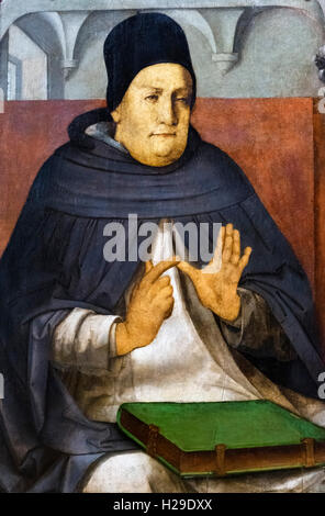 San Tommaso d Aquino (1225-1274), un italiano di frate domenicano, sacerdote cattolico, filosofo e teologo. Un 15thC dipinto dal Palazzo Ducale di Urbino, attribuito a Justus van Gent (Joos van Wassenhove), ora nel museo del Louvre di Parigi. Foto Stock