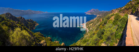 Vista dal celebre D81 strada costiera con vista del Golfe de Girolata dalla bocca di Palmarella, Corsica, Francia, Europa. Foto Stock