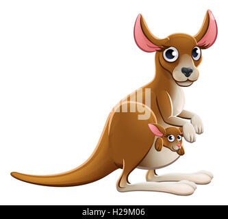 Cartoon carino il bambino e la madre canguro personaggi animali con baby joey nella custodia Foto Stock