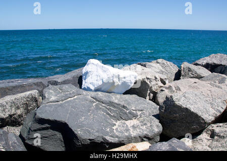 Singola bianca roccia dipinta sulla scogliera rocciosa con Oceano Indiano a sculture del mare in Cottesloe, Australia occidentale Foto Stock