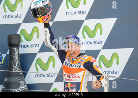 Motorland Aragon, Alcaniz, Spagna. Xxv Sep, 2016. Gran Premio di MotoGP Aragon. Il giorno della gara.Marc Marquez (Repsol Honda) Credito: Azione Sport Plus/Alamy Live News Foto Stock