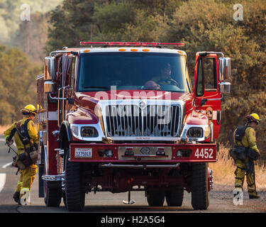 Mocassino, California, Stati Uniti d'America. 26 Sep, 2016. Settembre 26, 2016.CalFire vigili del fuoco a piedi verso la proprietà privata e di strutture lungo la Hwy 49 per eliminare i detriti durante le paludi Fire. Il fuoco brucia vicino il mocassino Power Plant, lungo le autostrade 120 e 49 in Sierra Nevada pedemontana. Credito: Tracy Barbutes/ZUMA filo/Alamy Live News Foto Stock