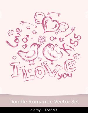 Il giorno di San Valentino doodle set isolato su sfondo bianco. Vettore Illustrazione Vettoriale