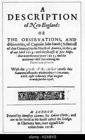 JOHN Smith (1580-1631) soldato inglese e explorer. Pagina del titolo del suo libro 1616 Una descrizione della Nuova Inghilterra Foto Stock