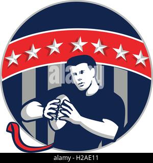 Flag Football QB Player in esecuzione cerchio retrò Illustrazione Vettoriale