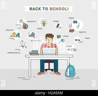 L'E-learning e il ritorno a scuola illustrazione del giovane ragazzo utilizzando laptop Illustrazione Vettoriale