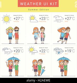 Piatto i widget Meteo impostato con carino coppia Illustrazione Vettoriale