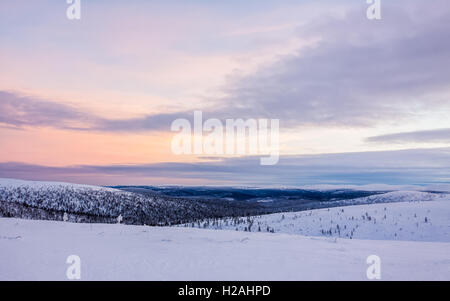 Sera winterscape in Saariselkä, Finlandia Foto Stock