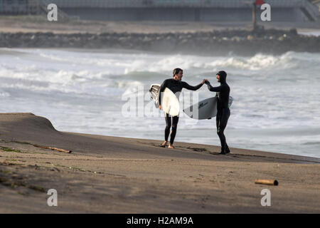 Due surfisti congratularmi con ogni altro dopo le loro corse di successo nell'Oceano Pacifico della California del nord vicino a Moss Landing. Foto Stock