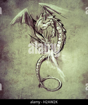 Fantasy dragon. Schizzo di arte del tatuaggio, mostro medievale Foto Stock