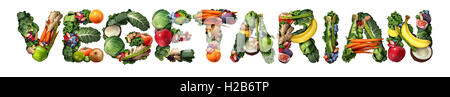 Vegetarianismo vegetariano e vegano concetto o il veganismo icona di stile di vita come un gruppo di frutta ortaggi dadi e fagioli conformato come testo isolato su bianco come dieta sana simbolo per mangiare biologico verde alimenti naturali. Foto Stock