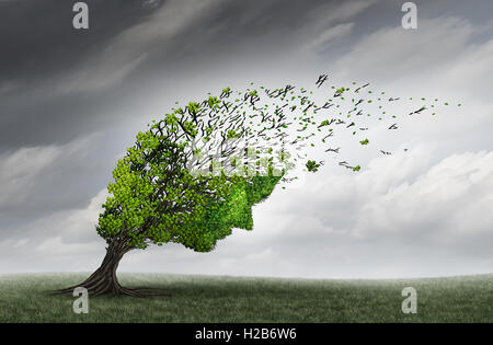 Problemi psicologici e di salute mentale avversità crisi come un albero a forma di una testa umana essere lacerato o sollecitato da venti forti come la psichiatria o la psicologia icona con 3D'illustrazione degli elementi. Foto Stock