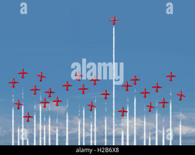 Full Steam Ahead concetto aziendale come un gruppo di air show aerei con la maggior parte degli aerei di perdere energia e perdere intensità mentre una energica singoli vincente è pieno di potenza con 3D'illustrazione degli elementi. Foto Stock