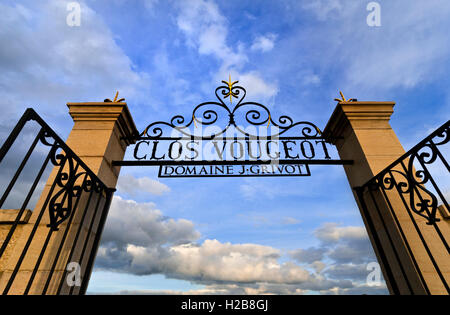 CLOS VOUGEOT imponente porte aperte per il pacchetto vigneto Domaine J Grivot a Clos de Vougeot al tramonto Borgogna Côte d'Or, Francia. Foto Stock