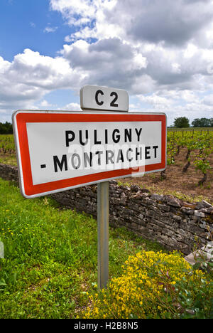 Puligny Montrachet cartello stradale sulla C2 Route des Grands Crus Puligny Montrachet, primavera tempo soleggiato Cote d'Or Francia Foto Stock