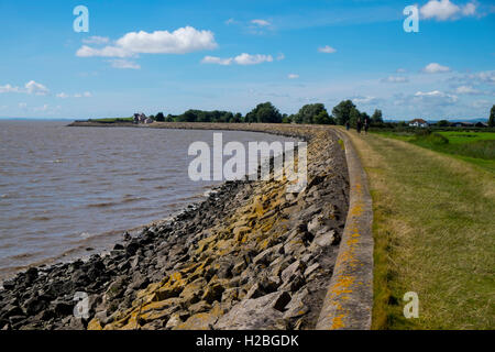 Walker sul sentiero costiero e parete del mare, Goldcliff vicino a Newport, Monmouthshire, Wales, Regno Unito, Severn Estuary Foto Stock