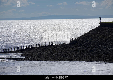 Walker sul sentiero costiero e parete del mare, Goldcliff vicino a Newport, Monmouthshire, Severn Estuary,Wales, Regno Unito Foto Stock