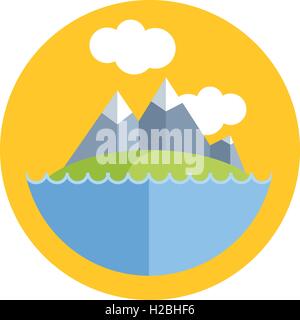 Vettore digitale di montagna con bianco ghiaccio sulla parte superiore, l'acqua è blu e verde erba, stile piatto Illustrazione Vettoriale