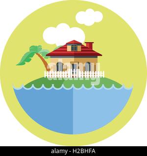 Vettore digitale di terra con acqua, una casa, Palm tree e nuvole, stile piatto Illustrazione Vettoriale