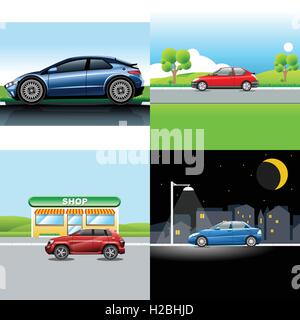 Vettore digitale di rosso e di blu auto Auto Imposta icona, sport auto sulla strada, shop, e nella notte. Illustrazione Vettoriale