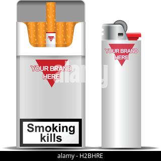 Vettore digitale silver pacchetto di sigarette mockup e leggero, frontale e vista laterale, il fumo uccide, realistici in stile appartamento, isolato un Illustrazione Vettoriale