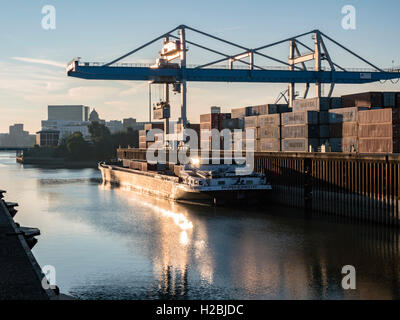 Un cargo in Dusseldorf contenitore porta viene caricato Foto Stock