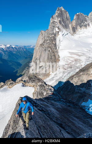 Chris Manning sulla cresta ovest della guglia di piccione in Bugaboo parco provinciale Foto Stock