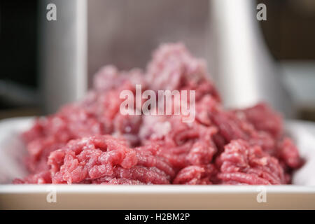 Fresca di carne macinata con cipolla viola sul tavolo da cucina Foto Stock