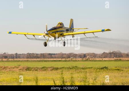 Un' antenna crop duster spruzza un campo nelle zone rurali Eunice, Louisiana. Foto Stock