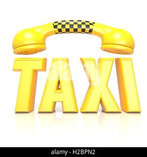 Parola giallo taxi con il ricevitore del telefono, rendering 3D illustrazione isolati su sfondo bianco Foto Stock