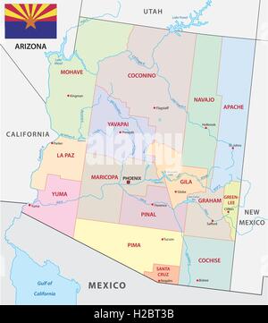 Arizona mappa amministrativa con bandiera Illustrazione Vettoriale