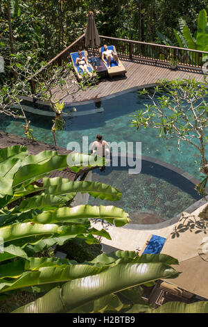 Indonesia, Bali, Payangan, Susut, Nandini Jungle Resort e Spa hotel piscina, vista in elevazione Foto Stock