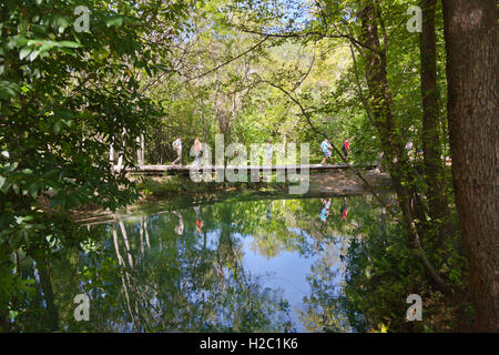Parco Nazionale di Krka, Croazia, percorso di legno passerella con i turisti, acqua riflessioni Foto Stock